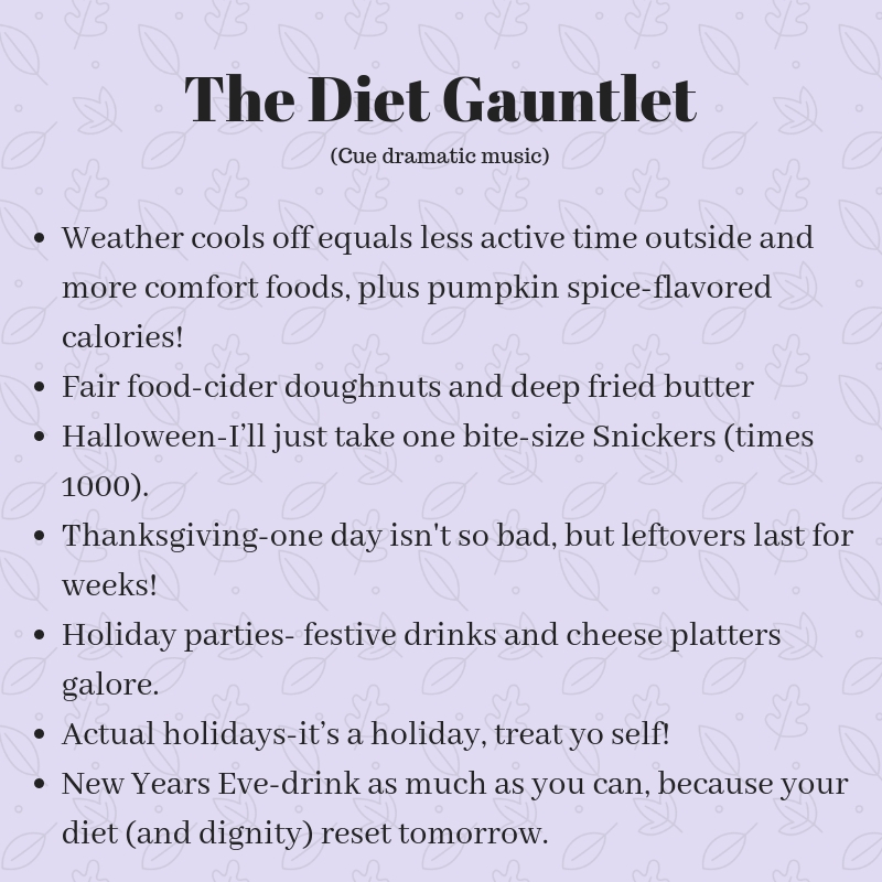 Diet Gauntlet:
A story describing how easy it is during holidays to eat more. (e.g., Thanksgiving is one day so that's not so bad but leftovers last for weeks and an actual holiday is when you treat yourself).