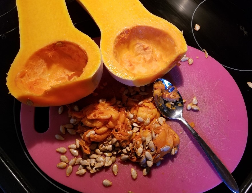 Butternut squash cut in half and seeds scooped out