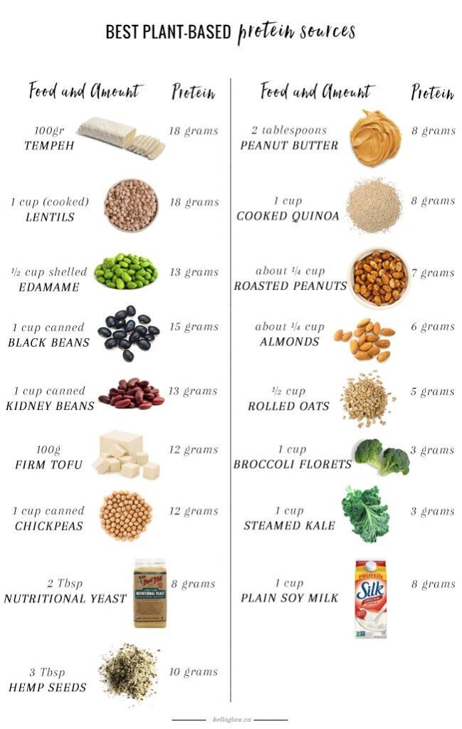 Plant-based protein sources and their protein amounts chart